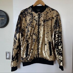 ZARA MAN GOLD AND BLACK SEQUIN VARSITY JACKET